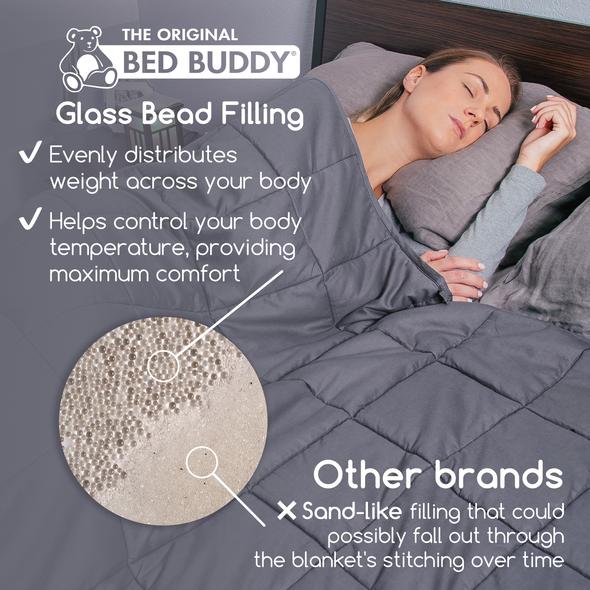 A woman sleeping with the Bed Buddy Weighted Blanket, further details are provided below.