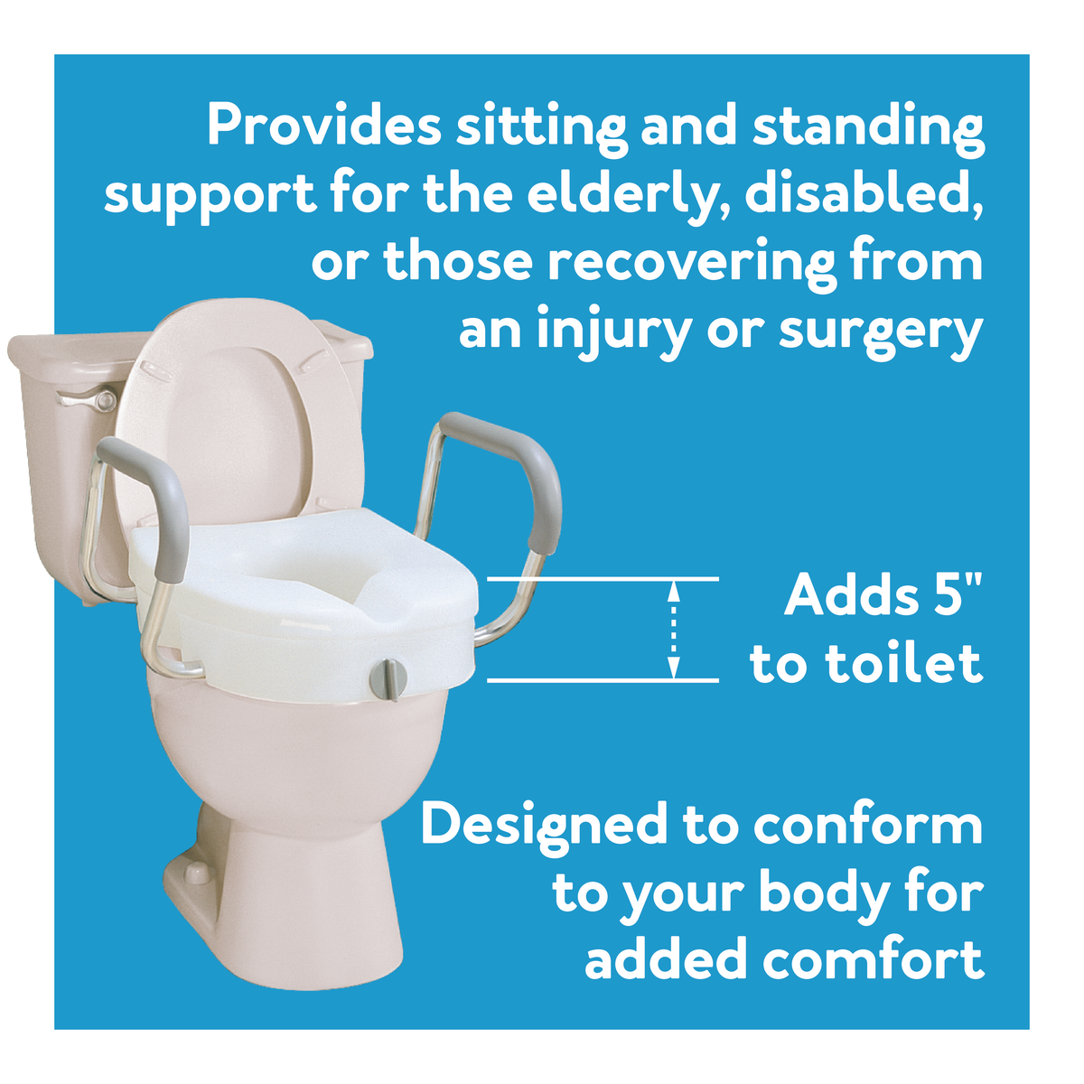 Carex E-Z Raised Toilet Seat on blue bg. Provides sitting/standing support, adds 5 inches to toilet, conforms to body.