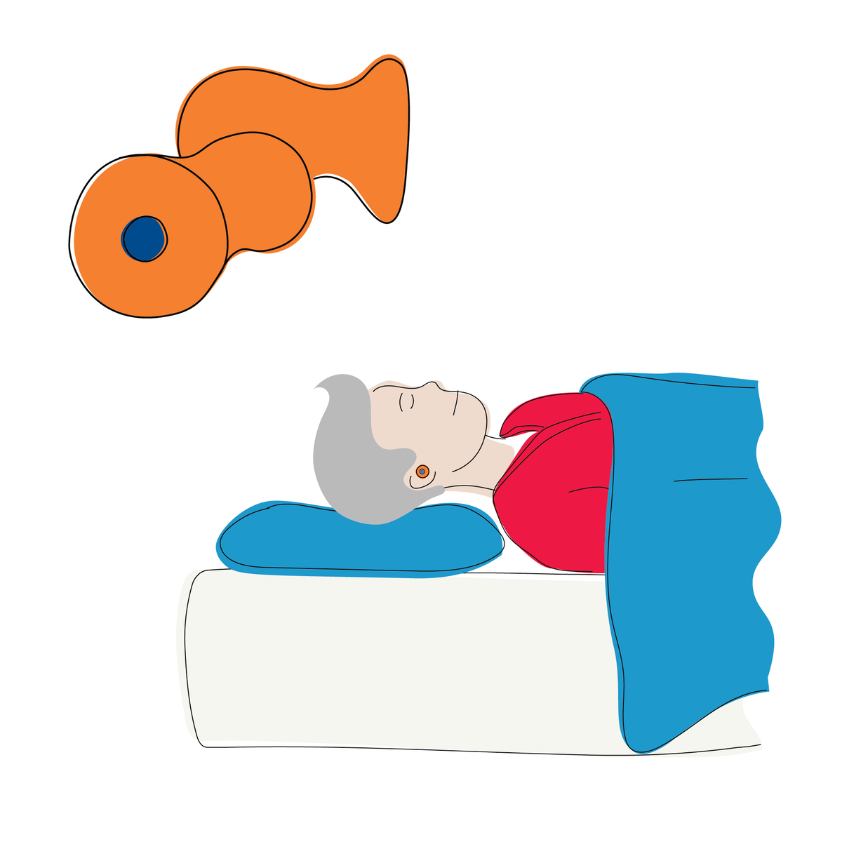 A graphic of a man sleeping with ear plugs in his ears