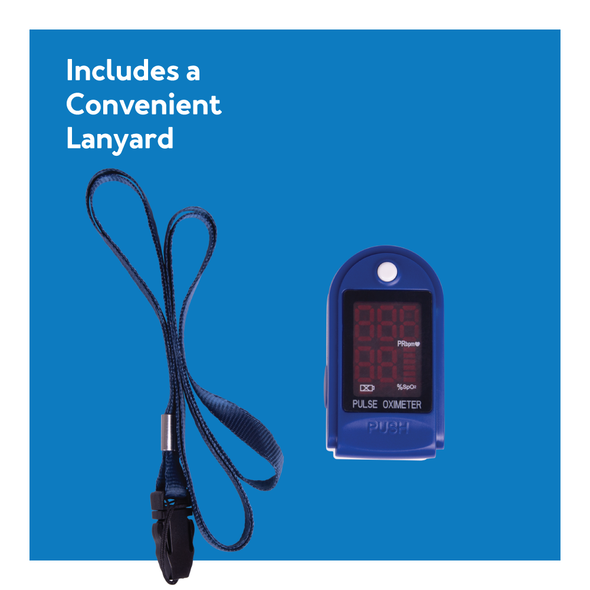 The Roscoe Fingertip Pulse Oximeter on a blue background next to its lanyard. Text, Includes a convenient lanyard