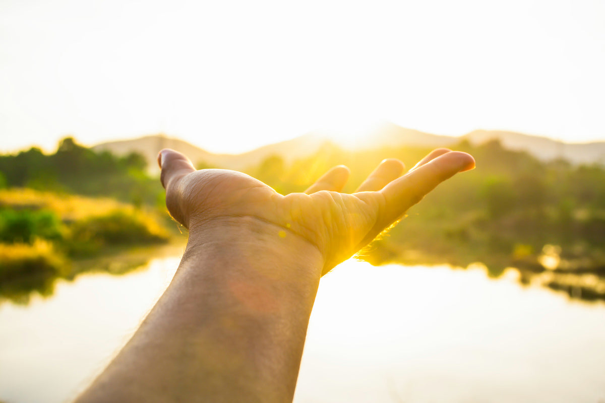 A hand in front of sun reaching out