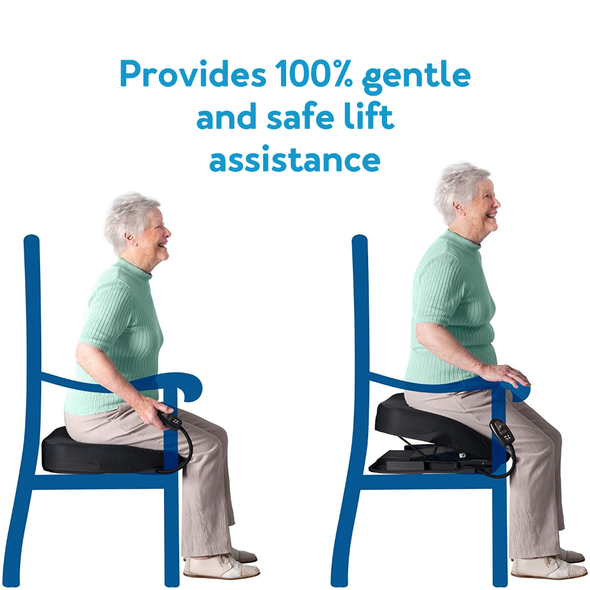 An elderly woman standing up with the Carex Uplift Premium Power Seat Text Provides 100% gentle and safe lift assistance