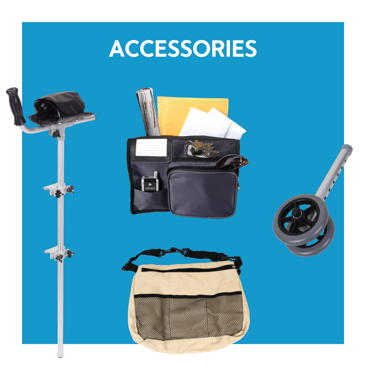 Various walker accessories next to each other. Text, “accessories”