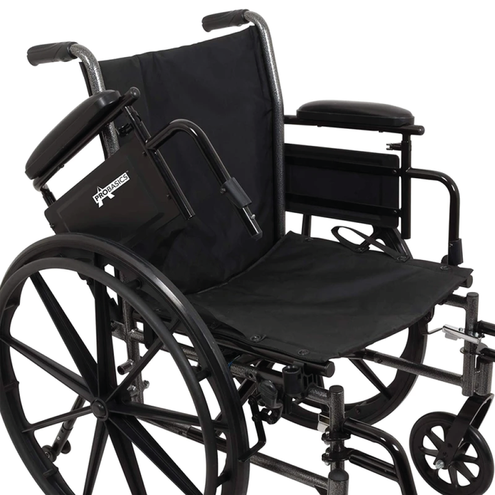 The ProBasics K3 wheelchair on a white background with its armrest up.