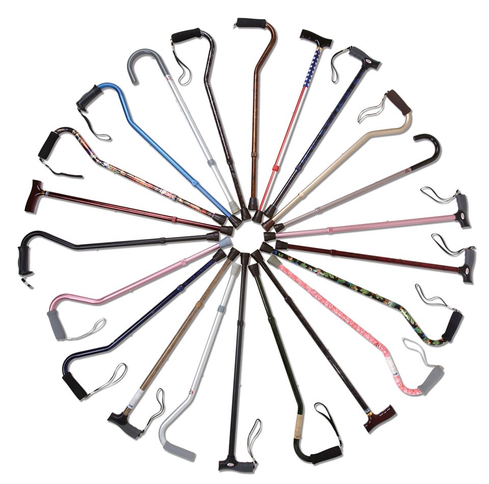 Various walking canes laid out in a circle