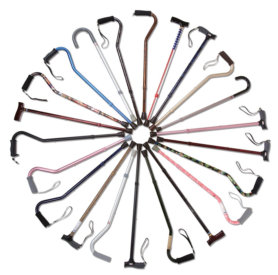 Various walking canes placed in a circle