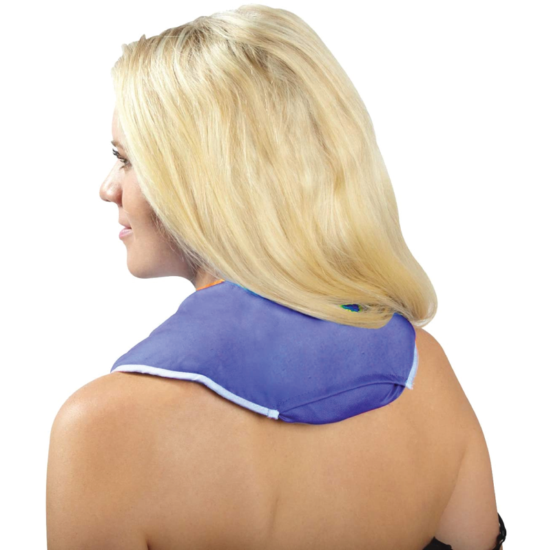 A woman facing away with a pain wrap on her neck