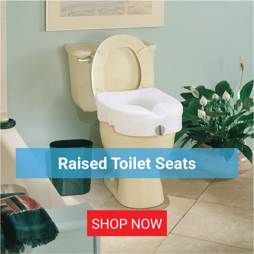 A raised toilet seat on a toilet. Text, “Raised Toilet Seats. Shop Now”