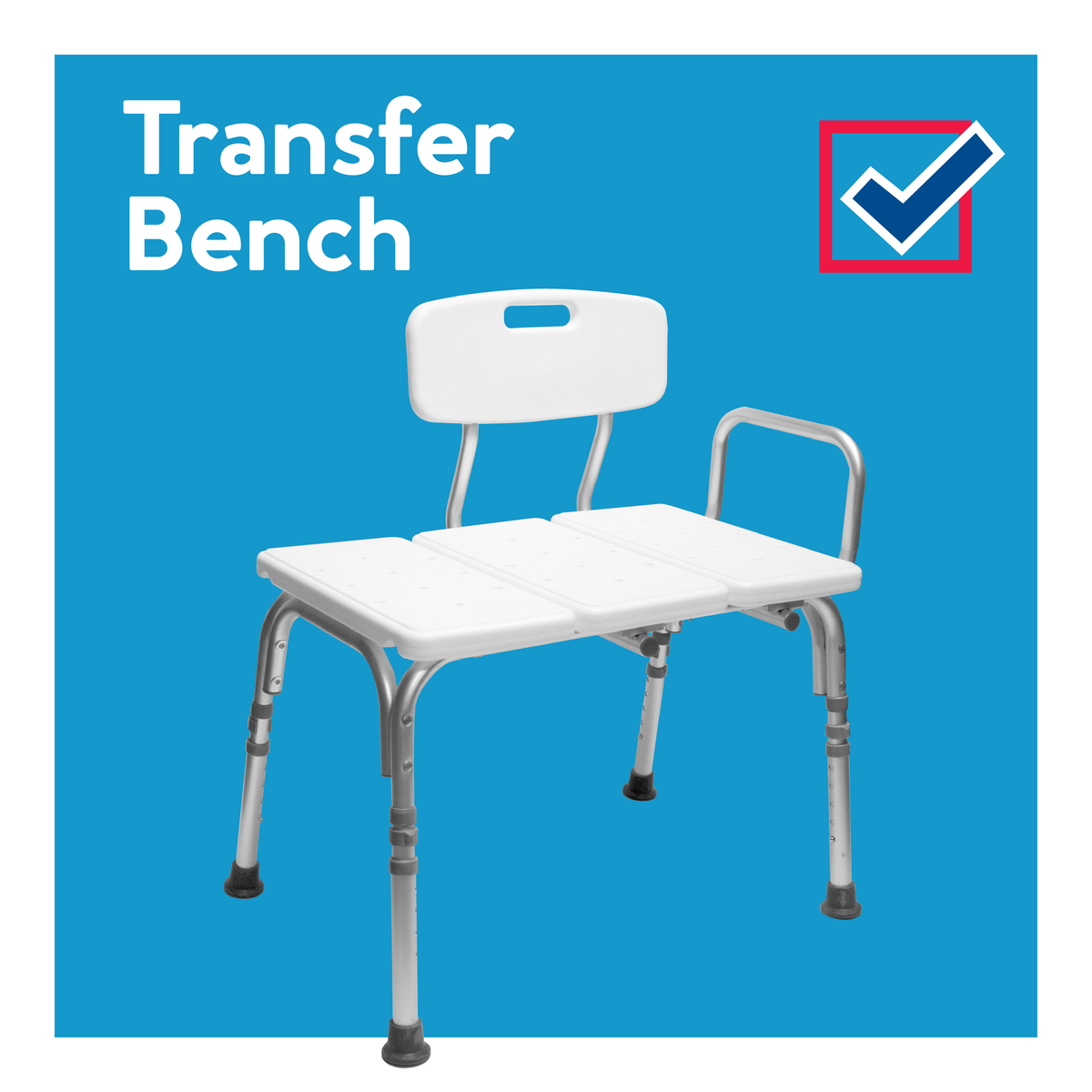 A transfer bench on a blue background next to a checkmark