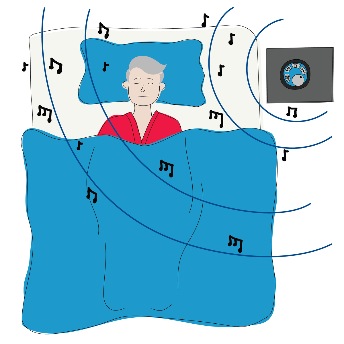 A graphic of a man sleeping with a noise machine playing