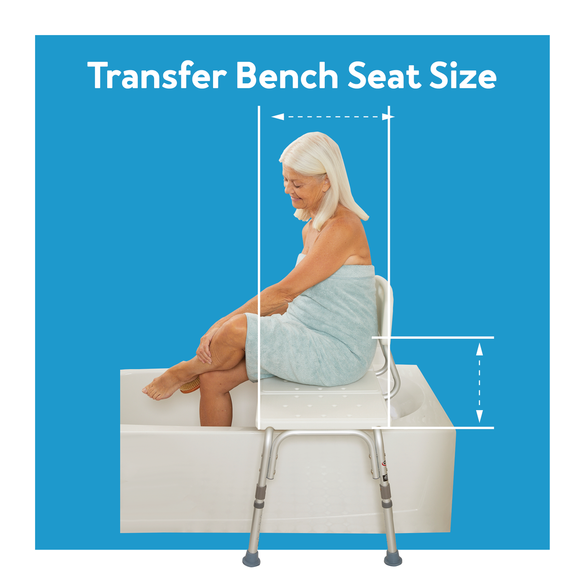 A woman sitting on a transfer bench with lines showing its seat size. Text, “transfer bench seat size