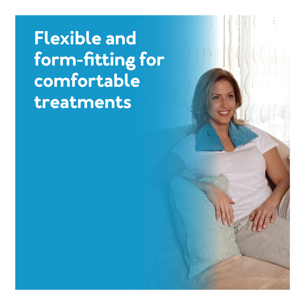 Woman sitting with Bed Buddy Comfort Wrap over her neck. Text, Flexible and form-fitting for comfortable treatments.