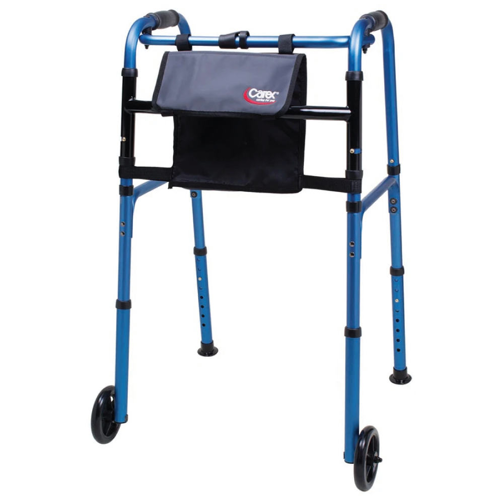 A blue walker with a bag and two front wheels