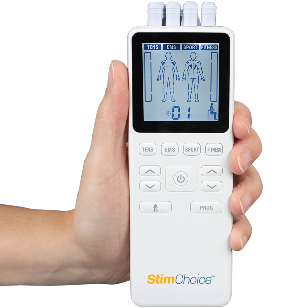 A hand holding a white TENS unit