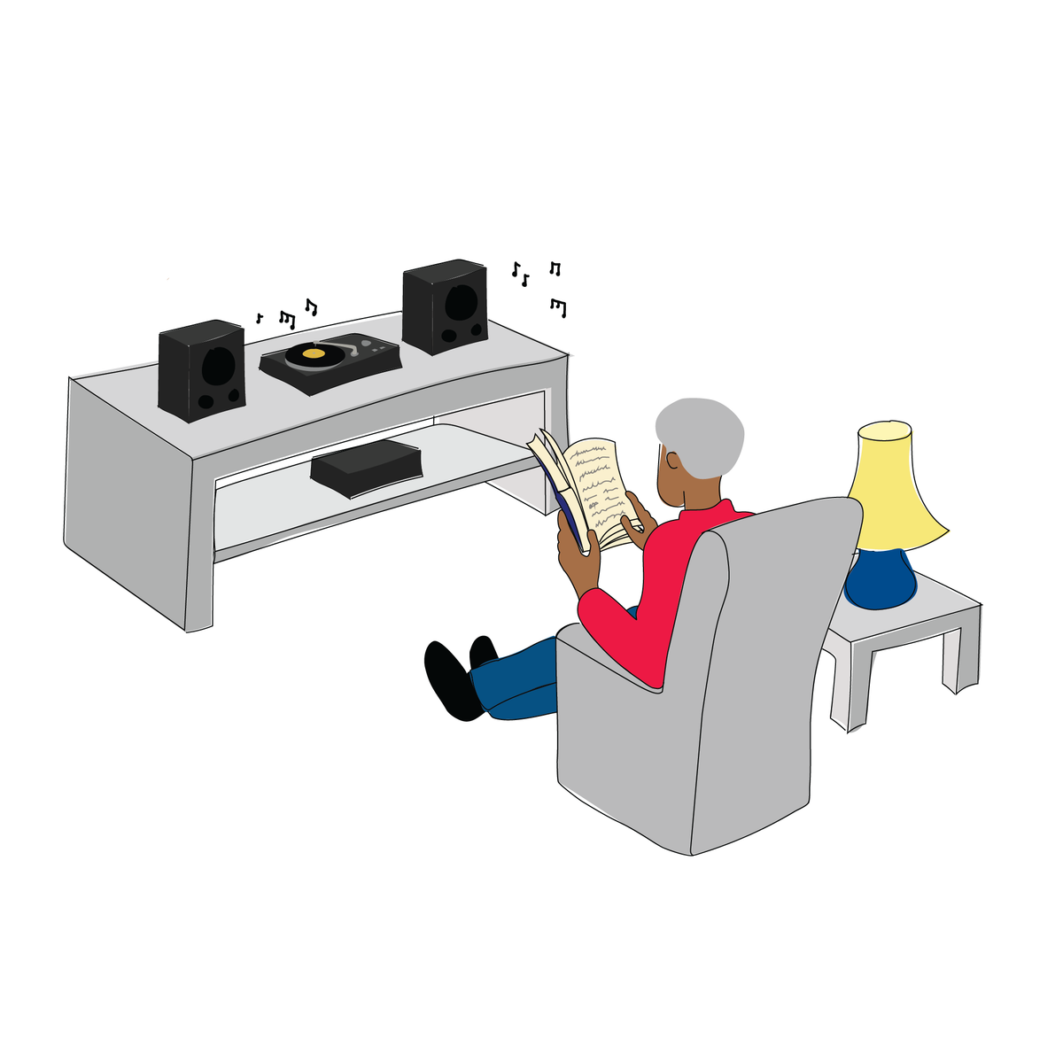 A graphic of a man sitting in a chair reading and listening to music