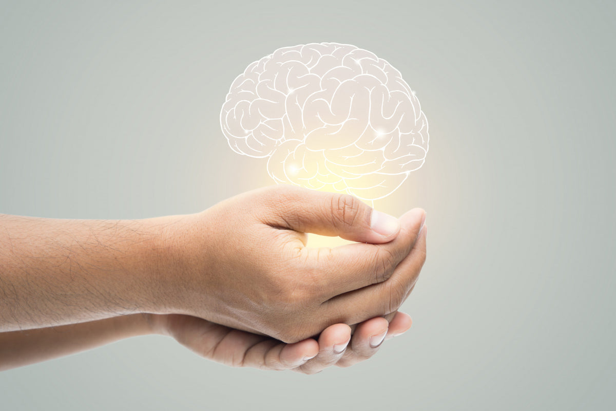 A person holding a brain graphic