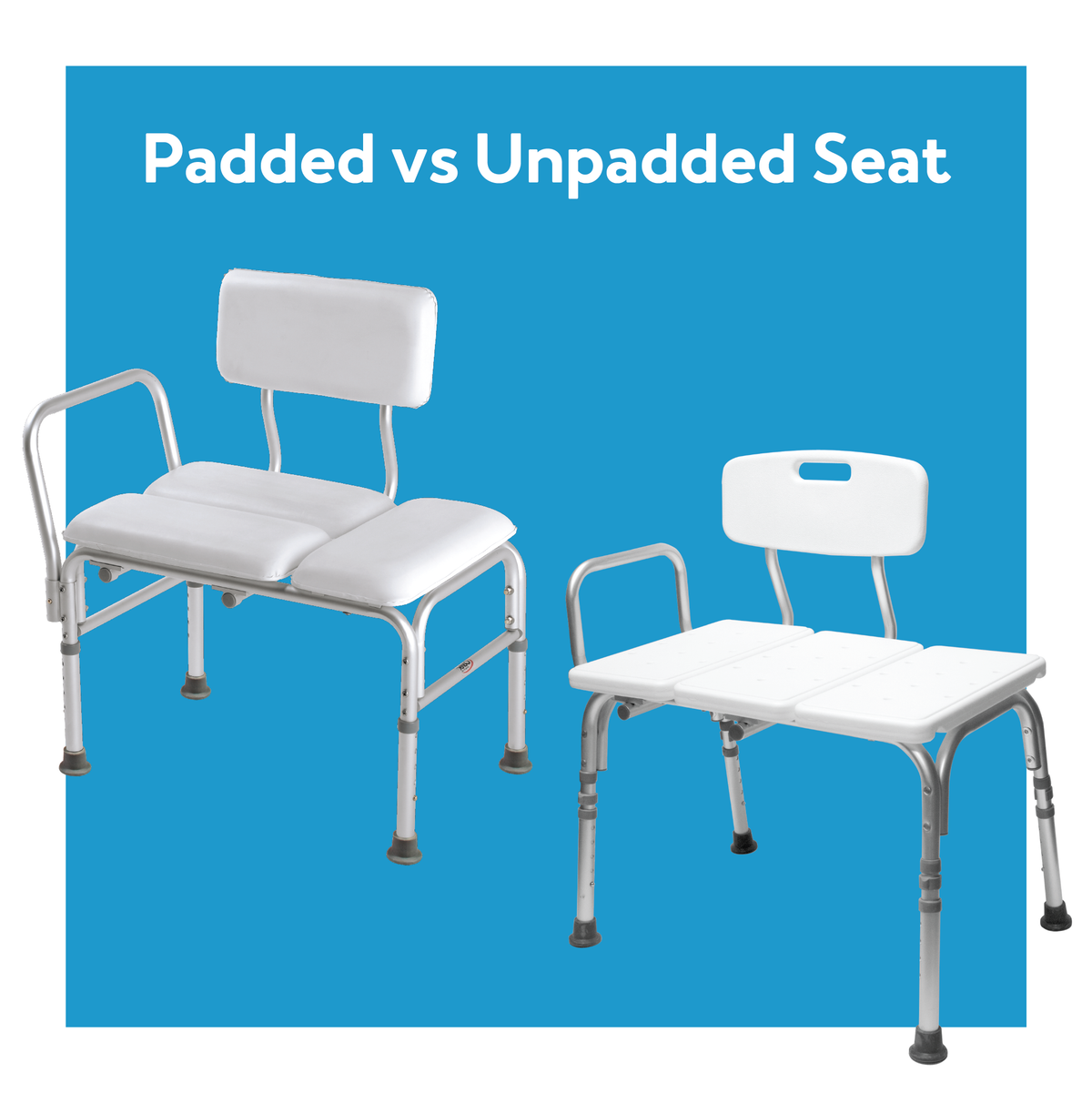 A padded transfer bench with an unpadded transfer bench. Text, padded vs unpadded seat