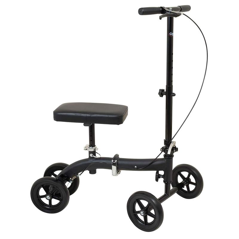 A black folding knee scooter