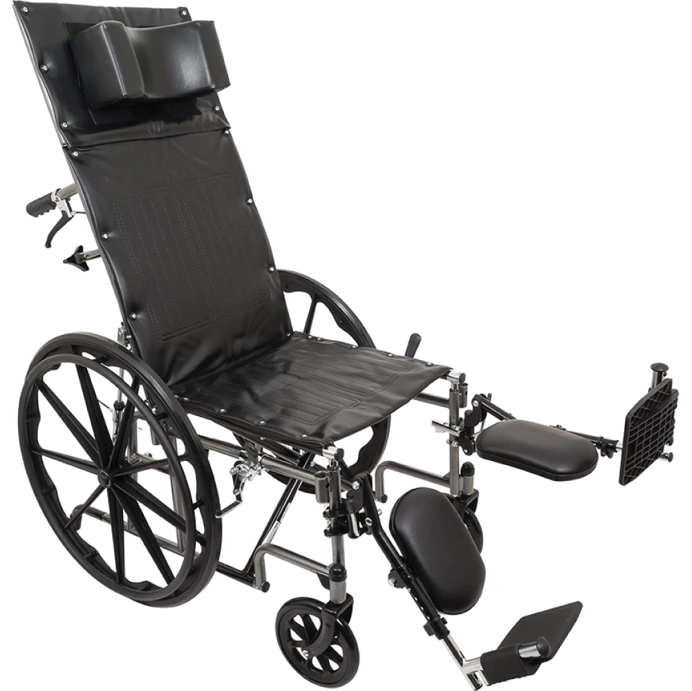 The ProBasics Reclining Wheelchair on a white background with one leg rest up