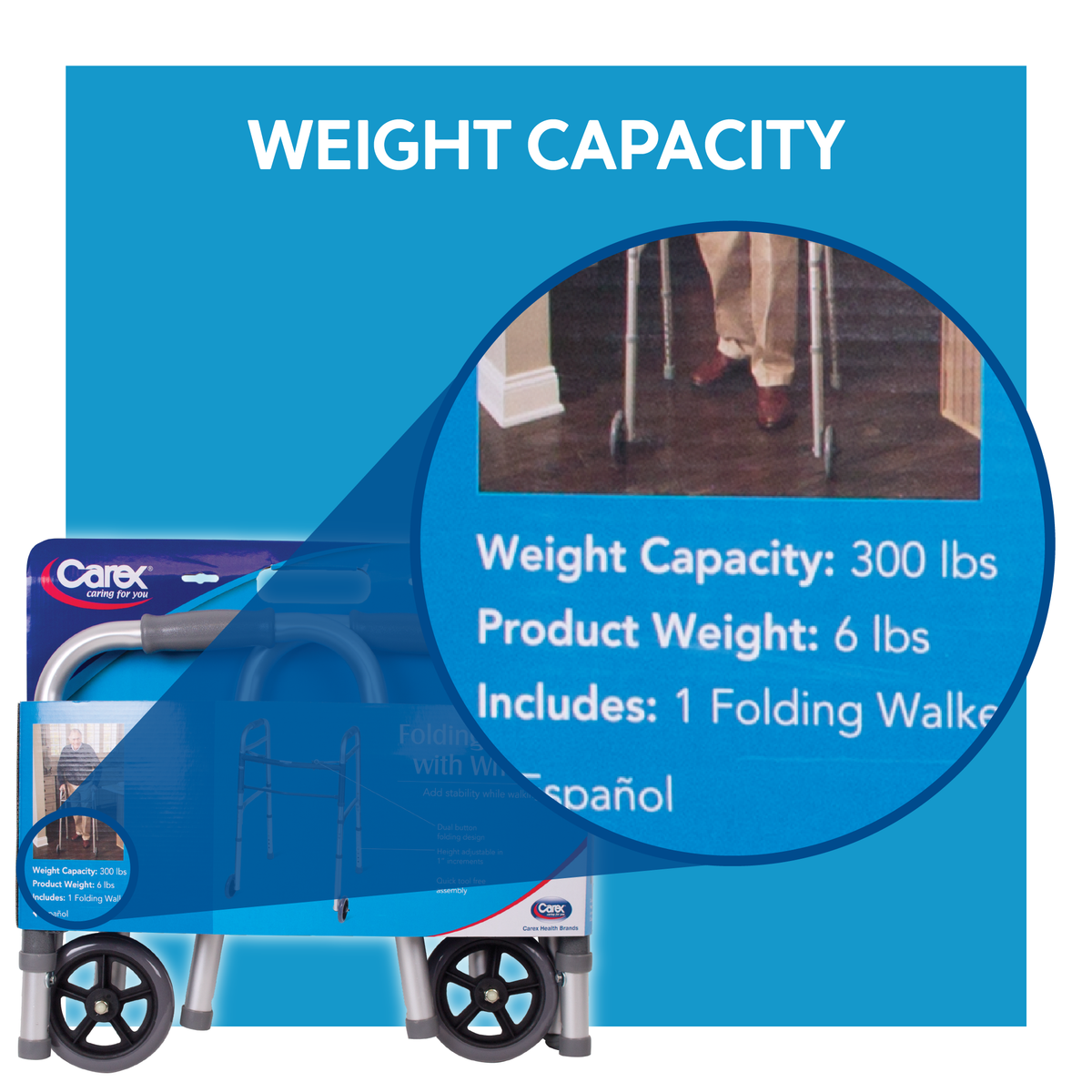 A walker’s packaging with its weight capacity magnified. Text, “weight capacity”