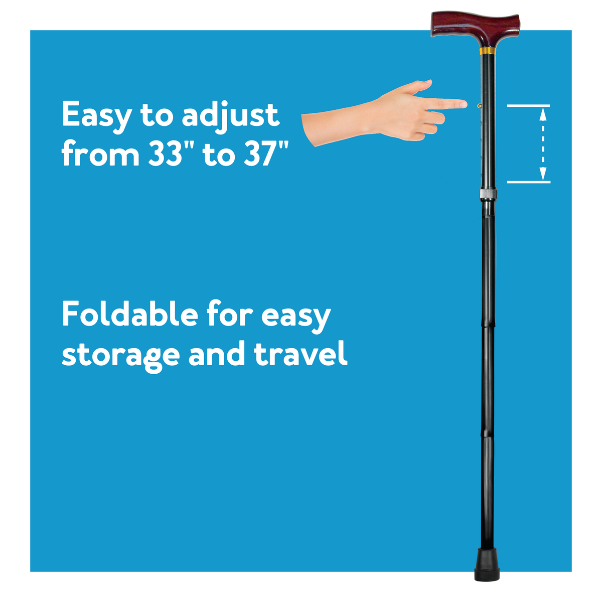 Carex York Folding Cane on blue background highlighting adjustable height and folding capability.