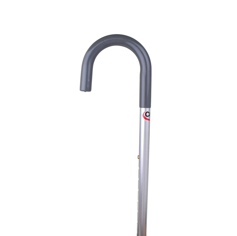 A silver round handle walking cane