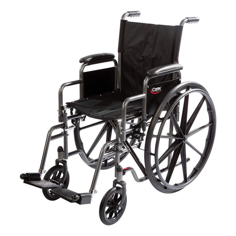 A dark grey wheelchair with a black seat and wheels