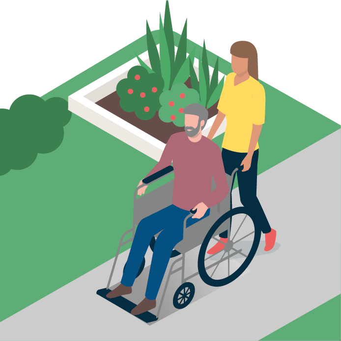 A graphic of a caregiver pushing a man in a wheelchair