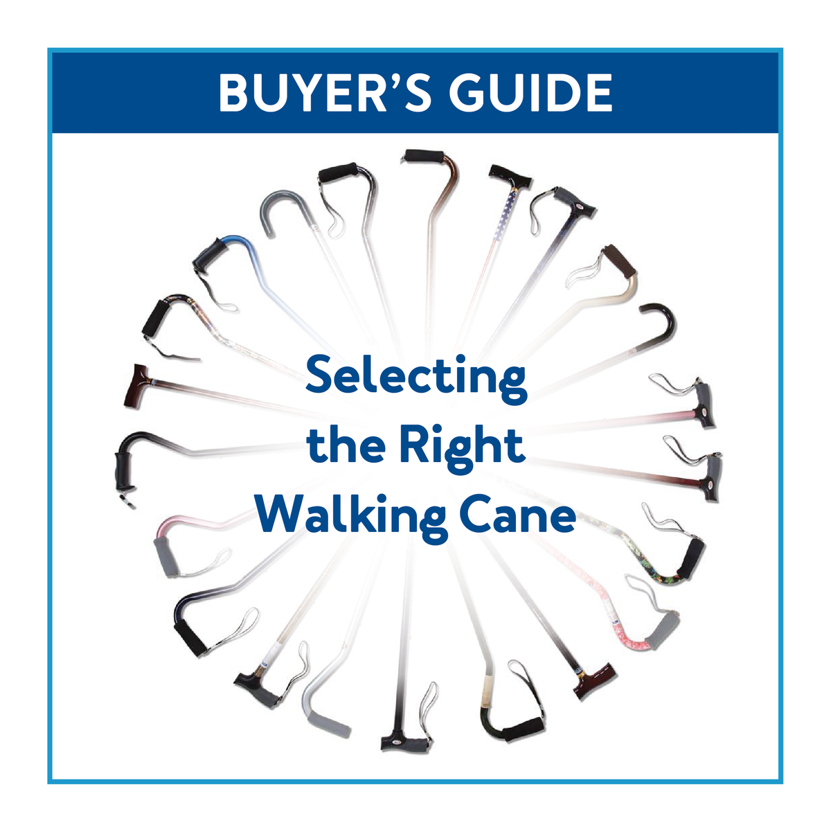 Various walking canes arranged in a circle surrounded by a blue border with text Buyer’s Guide: Selecting the Right Walking Cane