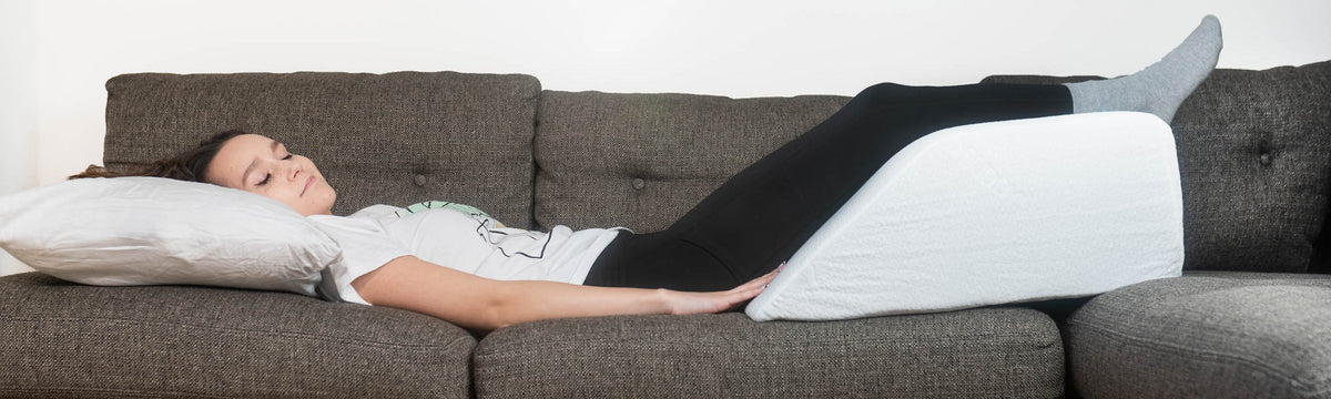 A collage of a woman laying on a couch using the two sizes of the Bed Buddy Leg Wedge Pillow