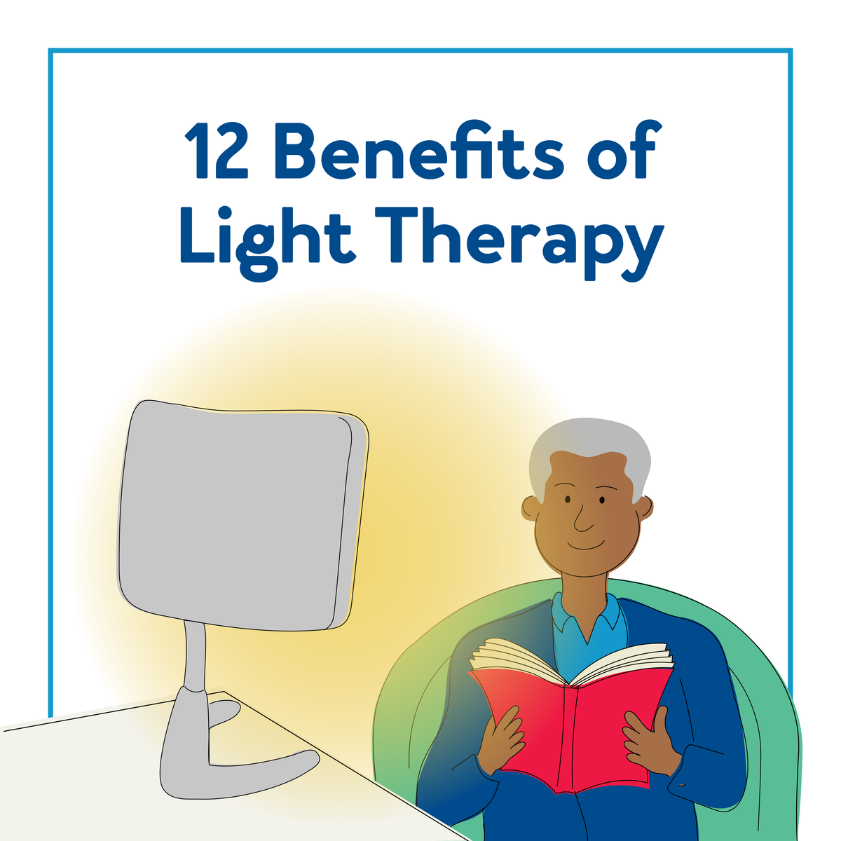 Cartoon man sitting in front of a therapy lamp. Text, 12 Benefits of Light Therapy