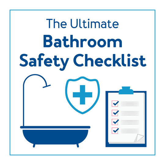 A graphic of a bathtub with a health badge and text above saying “The Ultimate to Bathroom Safety Checklist”