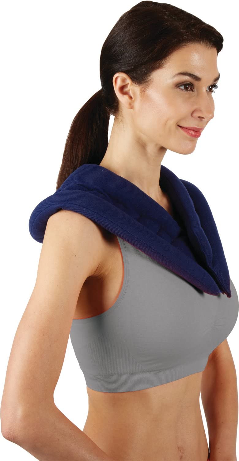 A woman smiling with the Bed Buddy Body Wrap over her neck