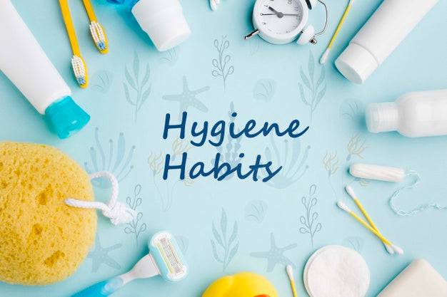 Various bathroom items with text, “Hygiene Habits”