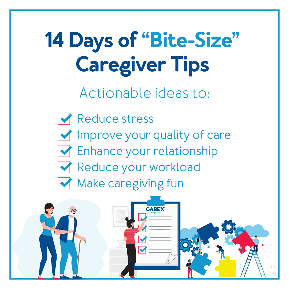 Graphic of a caregiver with text, “14 Days of Bite-Size Caregiver Tips” , Further details are provided below