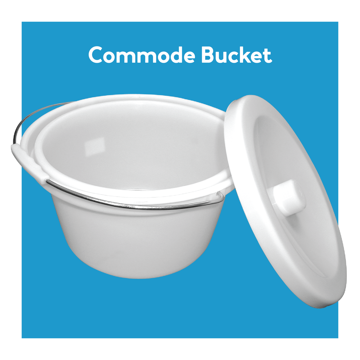 A commode bucket over a blue background. Text, commode bucket