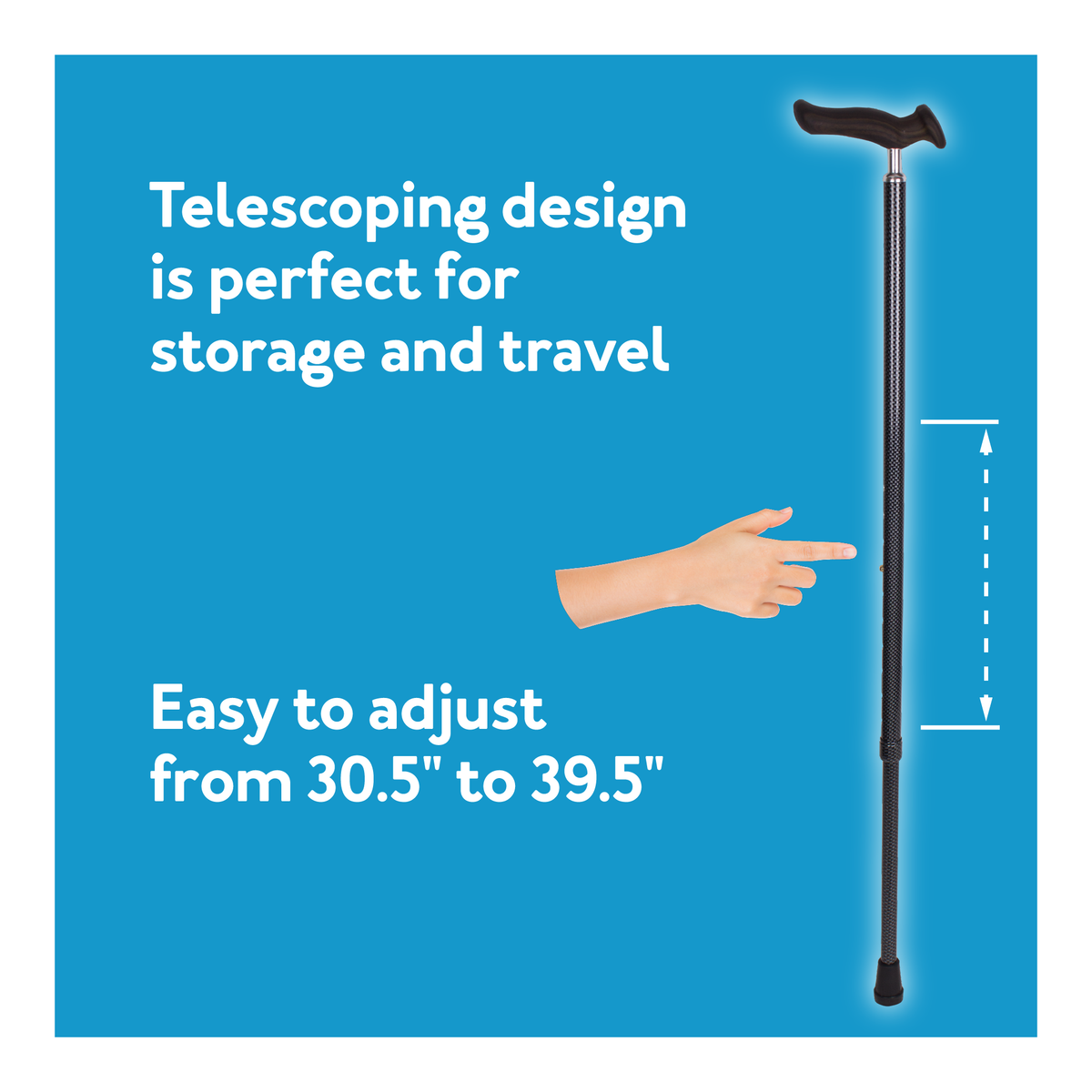 Carex Comfort Grip Cane on blue bg. Telescoping design for storage/travel. Adjustable: 30.5” to 39.5”.