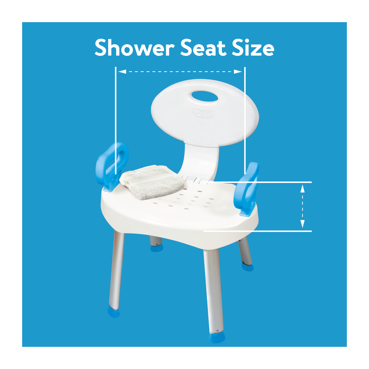 A shower seat with lines showing its seat size. Text, “shower seat size”