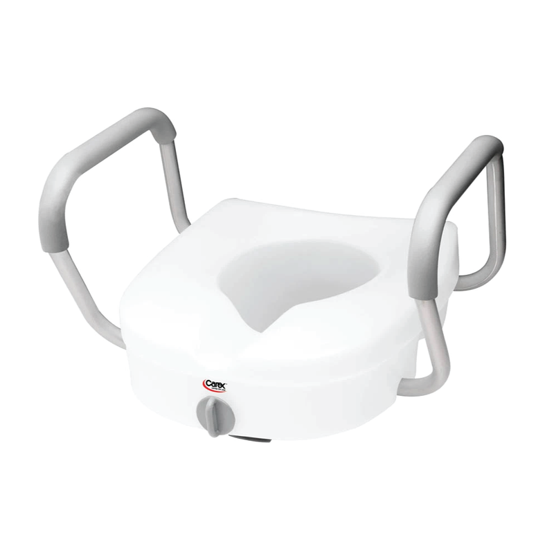 A white toilet seat with gray handles and a tightening knob