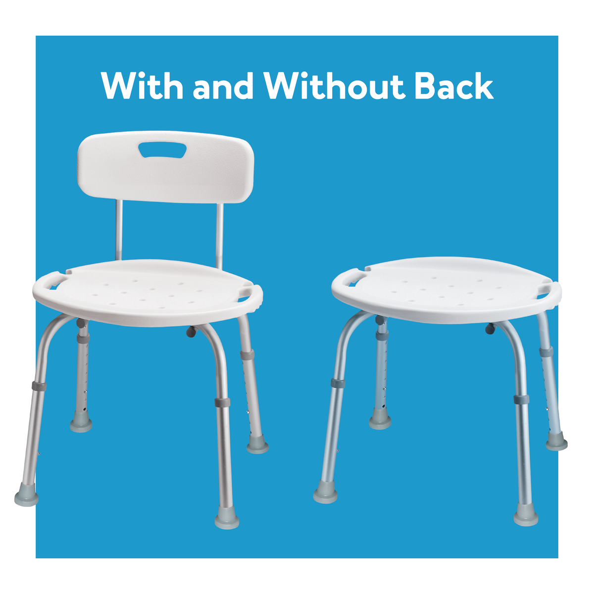 A shower seat with a back next to one without a back. Text, “with and without back”