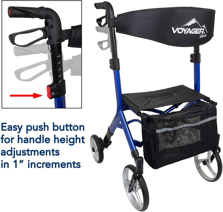 The ProBasics Voyager Euro Walker with a close-up of the handles. Text, “Easy push button for handle height adjustments in 1” increments