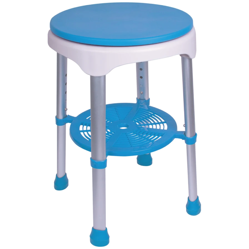 Blue and white shower stool with metal legs, bottom tray