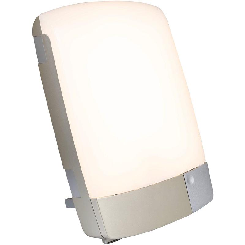 A compact therapy lamp with a gray base