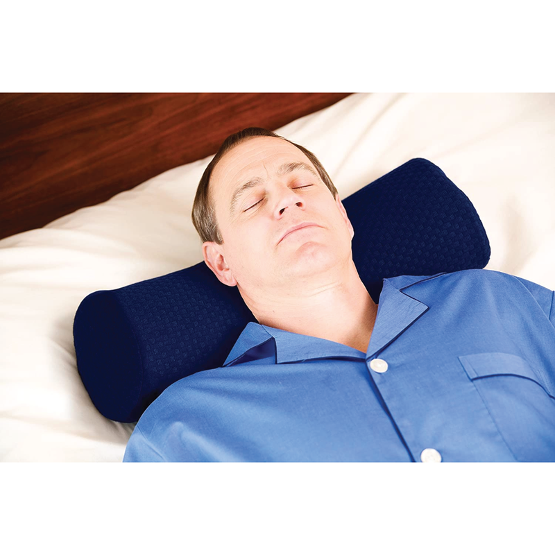 A man sleeping with a roll pillow