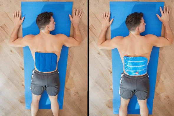 A collage of a man using a cold pack on his lower back