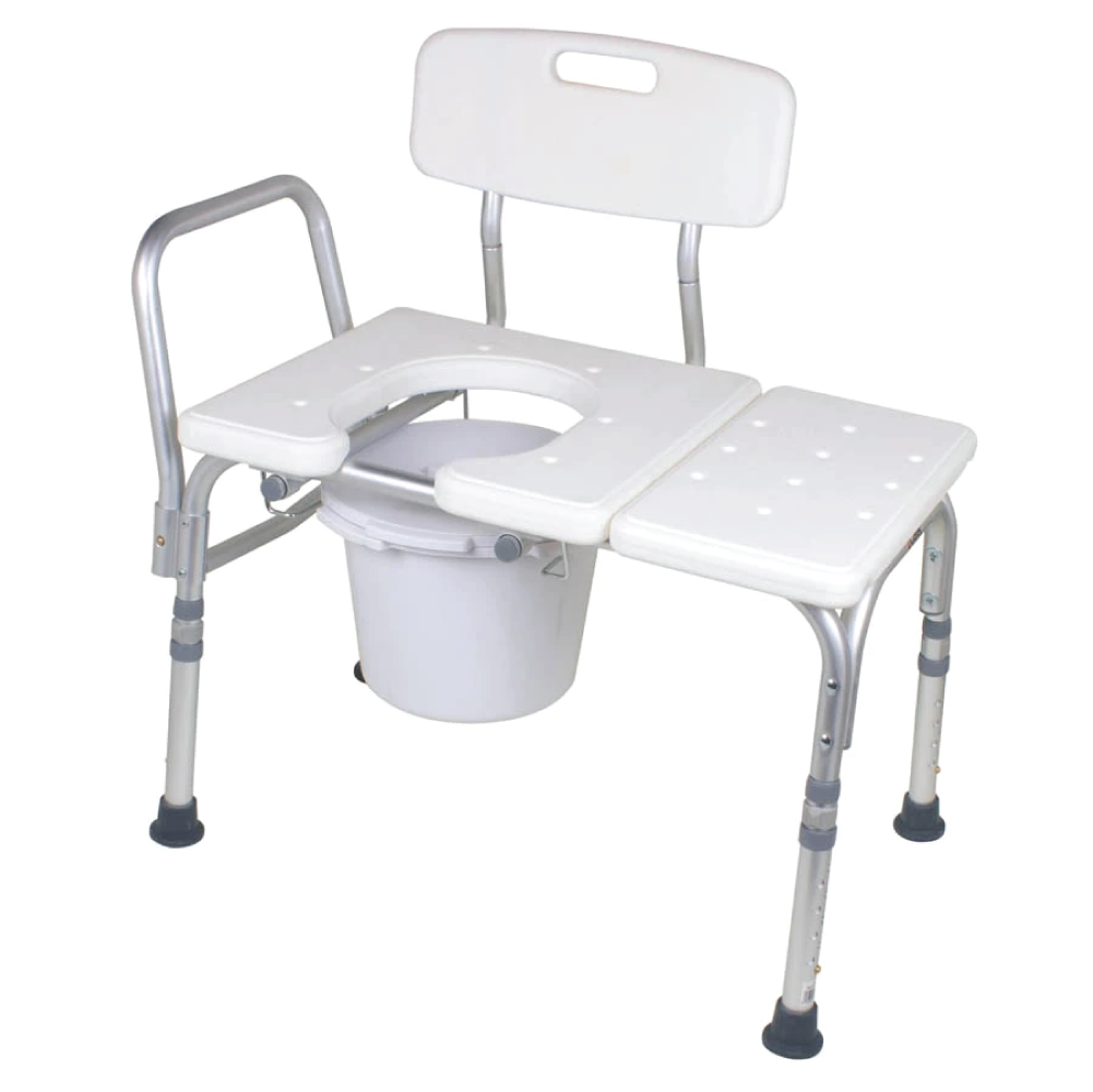 A bathtub transfer bench with a commode bucket