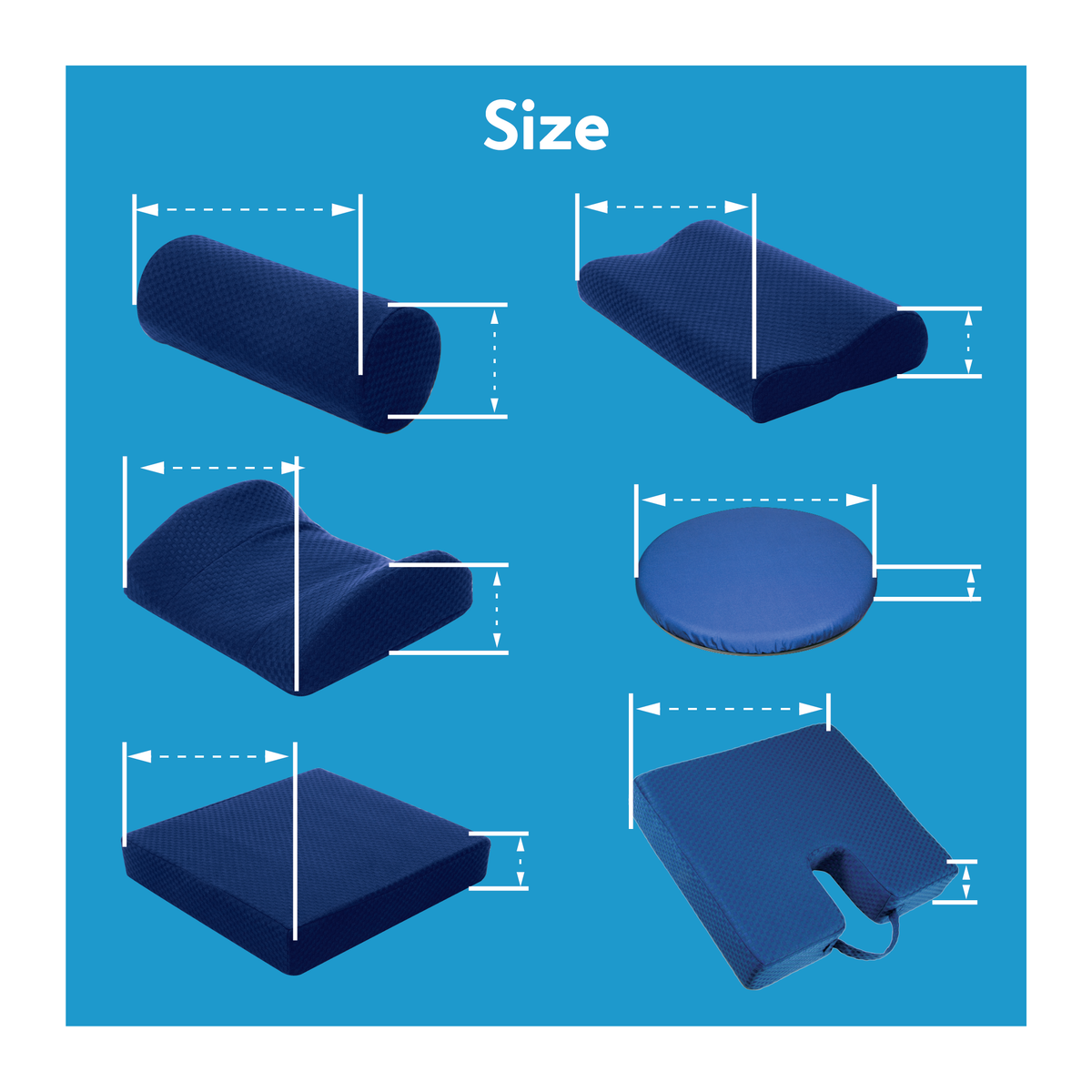 Various support cushions with size diagrams. Text, “Size”