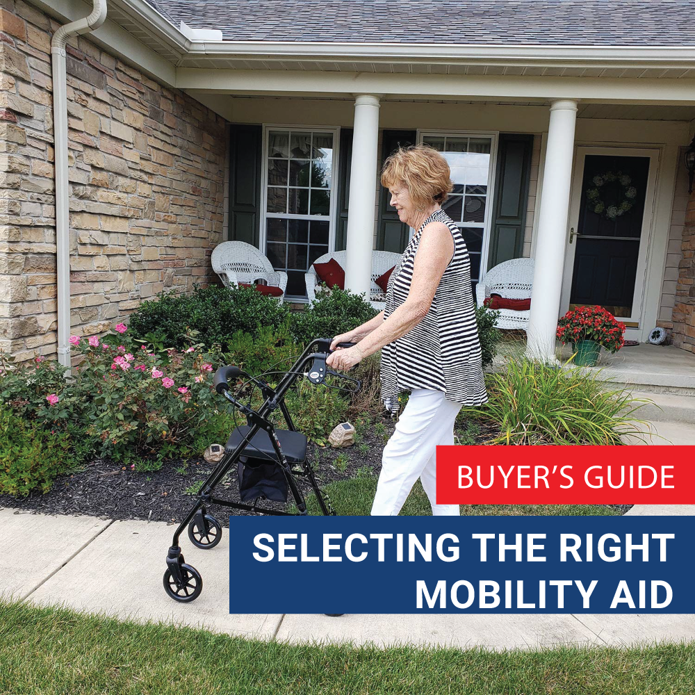 A woman walking outside with a rollator. Text, “buyer’s guide: selecting the right mobility aid”