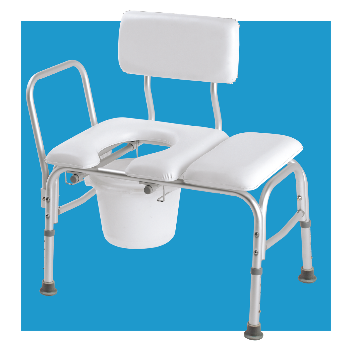 A 2-in-1 commode and transfer bench over a blue background