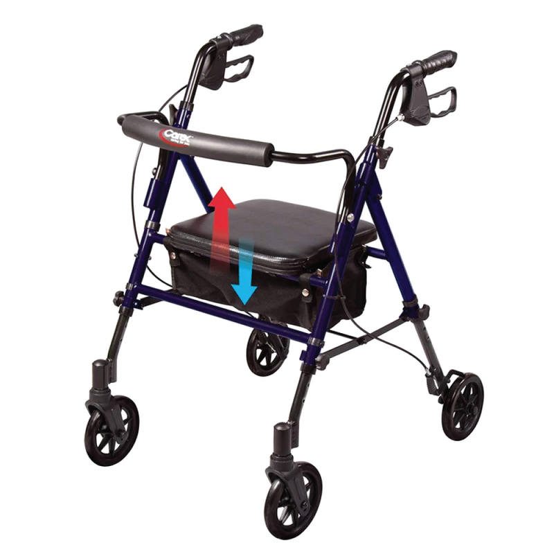 A blue rollator with arrows showing its adjustable seat height